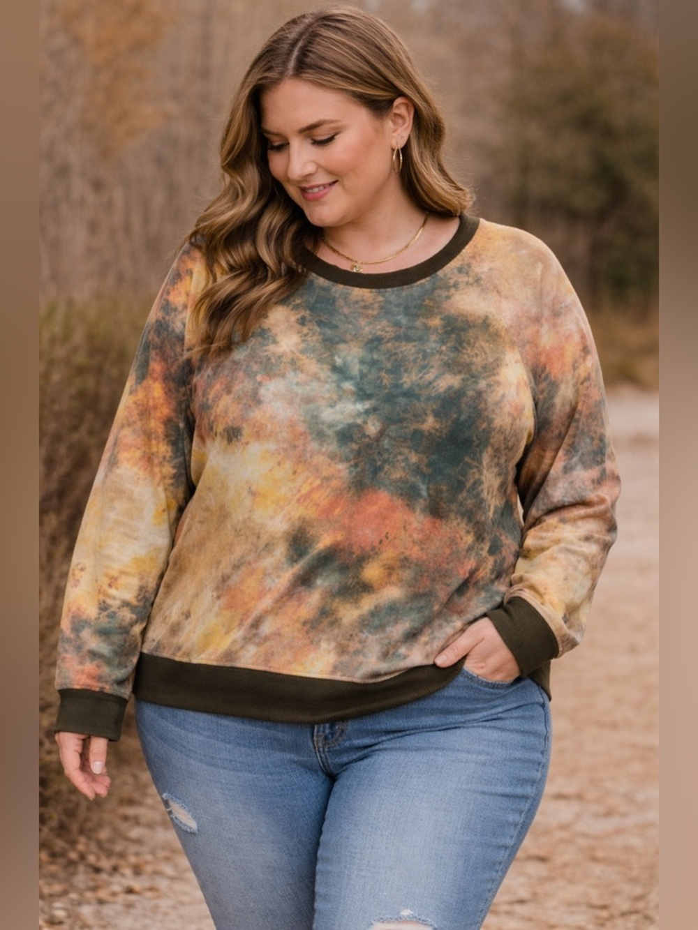 Umgee Tie Dye Sweatshirt 1XL Oversized Boho Cozy Pullover Earth Tone Lounge